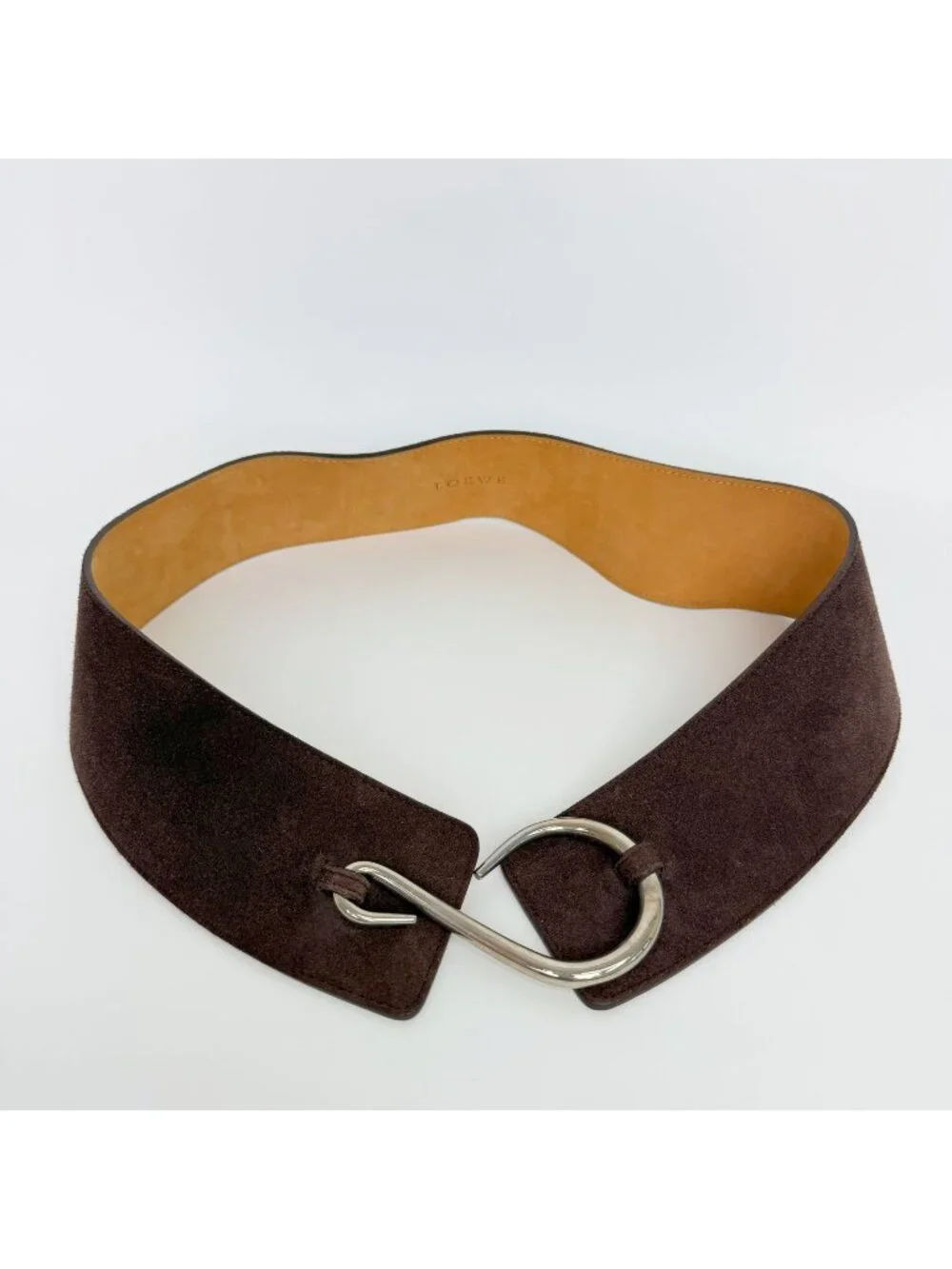 Loewe Suede Wide Hook Buckle Belt Brown Silver Vintage